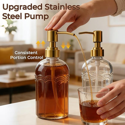 Coffee Syrup Dispenser Set of 4, 13.5 oz (400ml) Glass Bottles with Antique Bronze Stainless Steel Pump, Coffee Bar Syrup Pump Dispensers with Funnel, Cleaning Tools & Tags