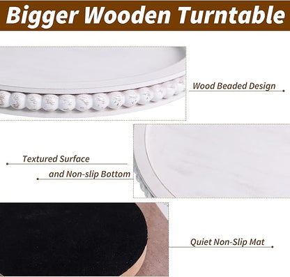 HPC Decor 12Inch Beaded Lazy Susan- Wooden Lazy Susan Organizer for Farmhouse Table Decor, Round Turntable for Table Cabinet,Countertop- Kitchen Turntable 360 Degrees Rotating Table Spinning Tray.