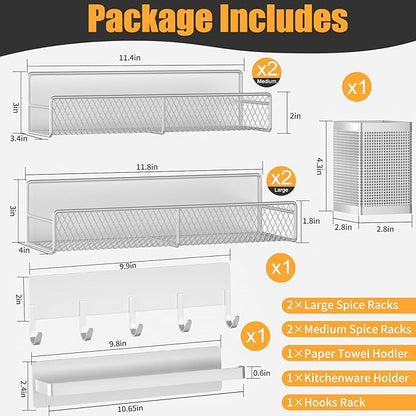 Magnetic Spice Rack for Refrigerator, 7 Pack 100% Metal Strong Magnet Shelves, Kitchen Spice Organizer W/ Hook Rack, Paper Towel Holder, Utensils Caddy, Home Laundry Room Storage Organization (White)