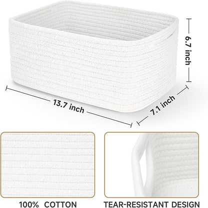 3-Pack Storage Baskets for Organizing | Woven Shelf Toy Basket | Rope Baskets for Gifts Empty | Closet Organizer Bins with Handles | Cube Decorative Box | 13.7×7.1×6.7” | White