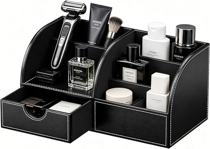 KINGFOM Cologne Organizer for Men, PU Leather Dresser Organizer with Drawer, 11" Countertop Cologne Holder for Watch, Wallet, Keys, Sunglasses, Bathroom Bedroom Nightstand Organizer, Black