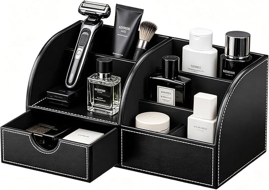 KINGFOM Cologne Organizer for Men, PU Leather Dresser Organizer with Drawer, 11" Countertop Cologne Holder for Watch, Wallet, Keys, Sunglasses, Bathroom Bedroom Nightstand Organizer, Black