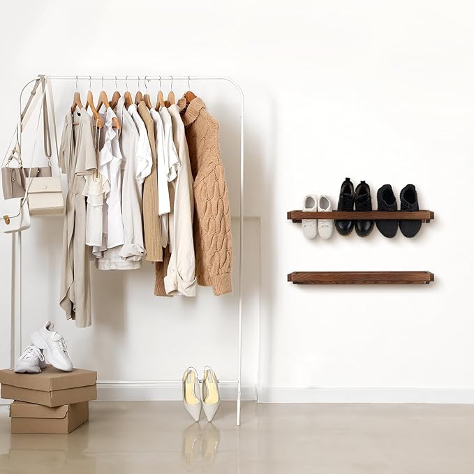 Wenqik 4 Pcs Wall Mounted Wooden Shoe Rack 30 Inch Rustic Wood Wall Hanging Shoe Rack Space Saving Footwear Holder Shoes Storage Organizer for Mudroom, Entryway, Closet (Burnt Wood)