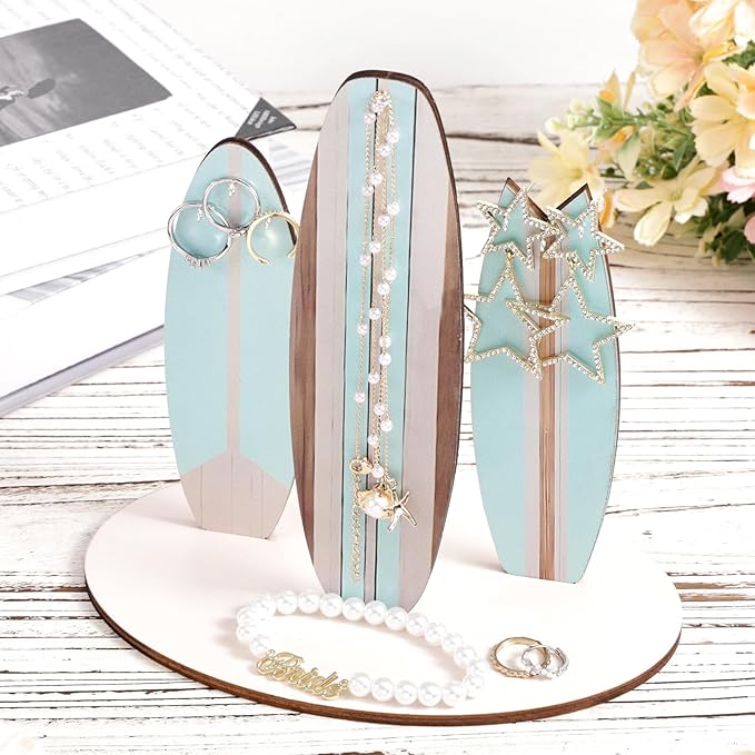 Surfboard Jewelry Holder Stand, Wooden Ocean Beachy Themed Necklace Bracelet Organizer Coastal Beach Christmas Decor Accessories for Women Hawaii Surfer Room Gift (Blue)