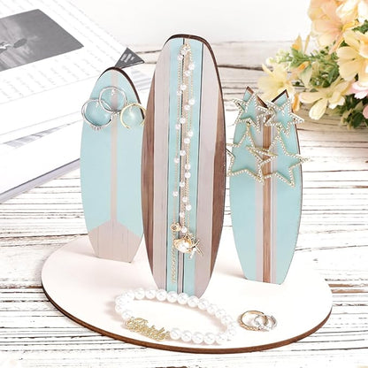 Surfboard Jewelry Holder Stand, Wooden Ocean Beachy Themed Necklace Bracelet Organizer Coastal Beach Christmas Decor Accessories for Women Hawaii Surfer Room Gift (Blue)
