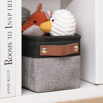 DULLEMELO Fabric Bathroom Storage Bin with Leather Handles, Narrow Organizer for Towels, Toilet Paper Rolls, Storage Basket for Back of Toilet, Vanities, Shelves & Cabinets (Black&Gray)
