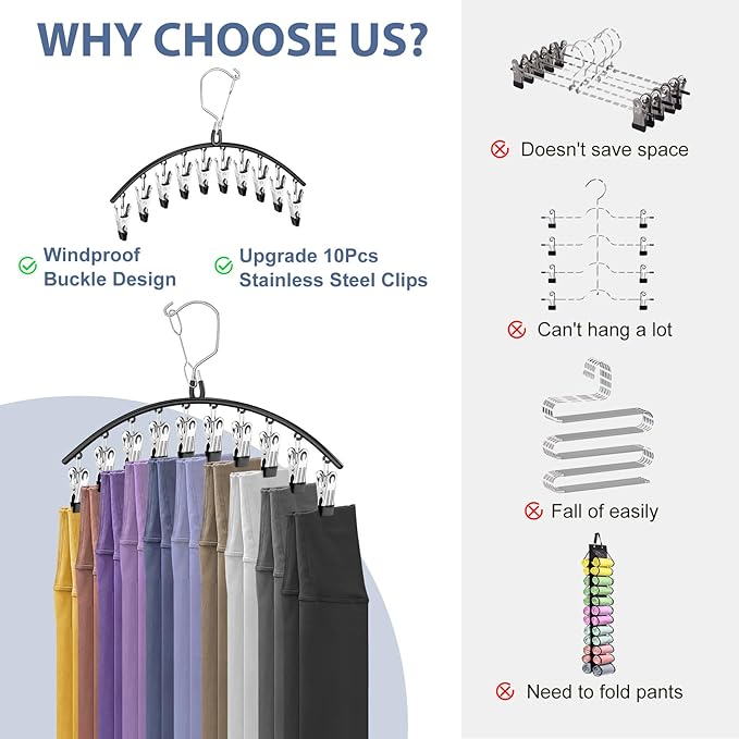 3 Pack Skirt Pants Hangers with Clips, Legging Organizer for Closet Hanging with 10 Cilps Holds 30 Leggings/Shorts/Jeans/Skirts Pants Hangers Space Saving Closet Organizers and Storage, Blue