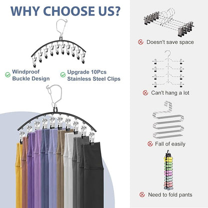 3 Pack Skirt Pants Hangers with Clips, Legging Organizer for Closet Hanging with 10 Cilps Holds 30 Leggings/Shorts/Jeans/Skirts Pants Hangers Space Saving Closet Organizers and Storage, Grey