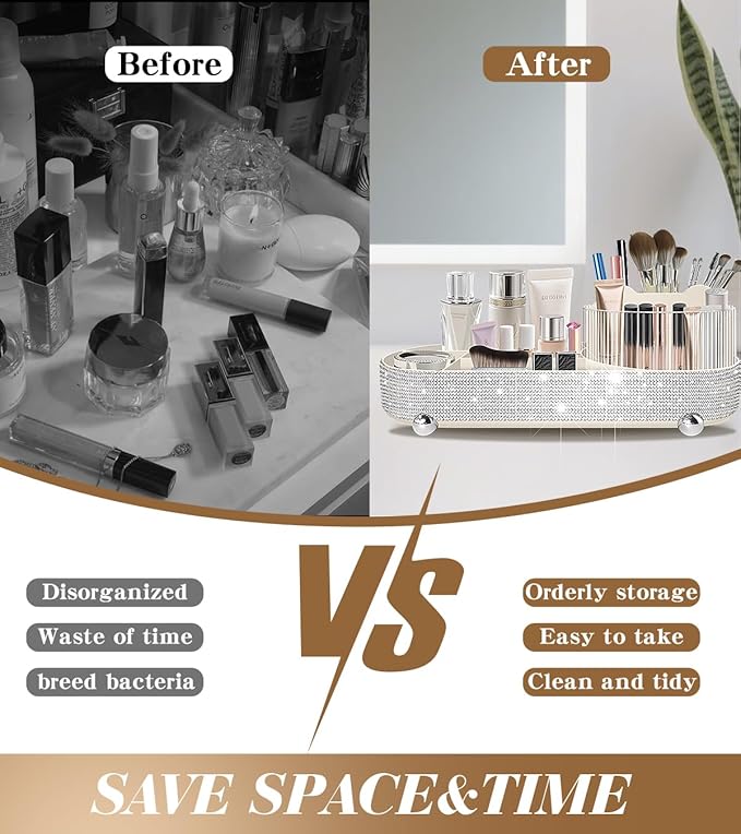 360° Rotate Bling Makeup Organizer for Vanity Cosmetic Countertop Rhinestones Makeup Brush Holder Skincare Organizers Desk Storage Accessories