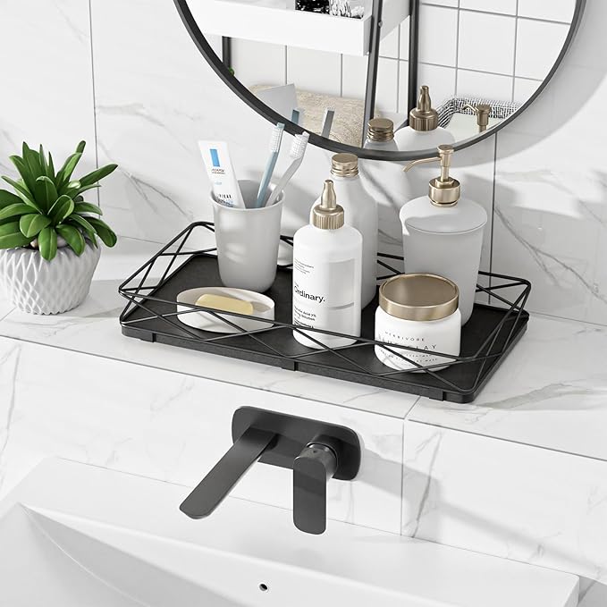 Lixple Toilet Paper Basket Holder, 13" Toilet Tank Tray, Wood and Metal Toilet Tray Vanity Organizer Bathroom Tray, Kitchen Sink Organizer for Soap Dispenser (Black)