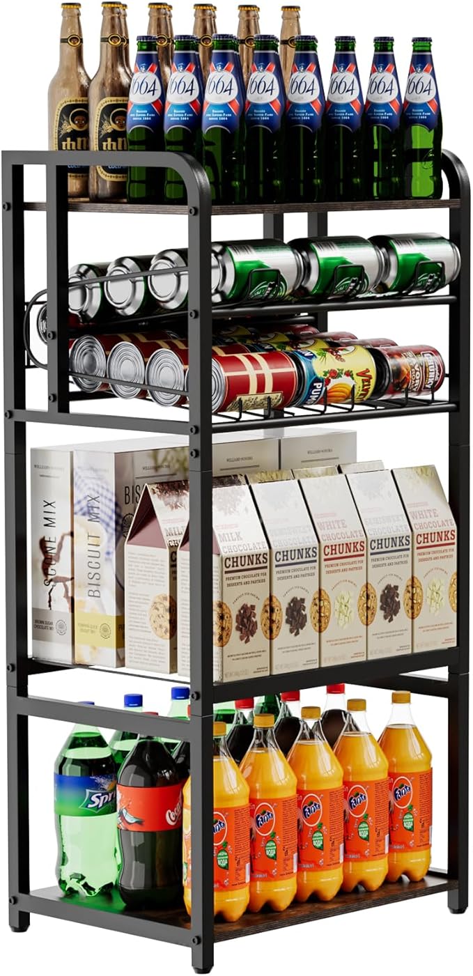 Soda Can Organizer for Pantry, 5-Tier Storage Shelf, Kitchen Organizers and Storage, Multifunctional Snack Organizer Rack, Standing Can Rack for Pantry/Kitchen (Black)
