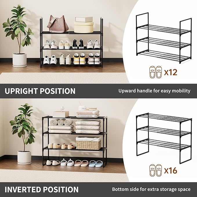 HAIXIN Expandable Shoe Rack - Adjustable Shoe Organizer Storage Shelf for Closet, Upright and Upside Down, Stackable Small Shoe Stand for Entryway, Living Room, Front Door, 3 Tier