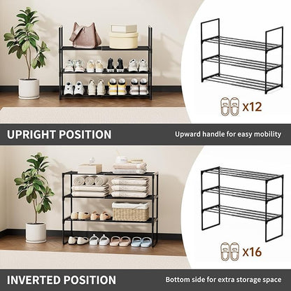 HAIXIN Expandable Shoe Rack - Adjustable Shoe Organizer Storage Shelf for Closet, Upright and Upside Down, Stackable Small Shoe Stand for Entryway, Living Room, Front Door, 3 Tier