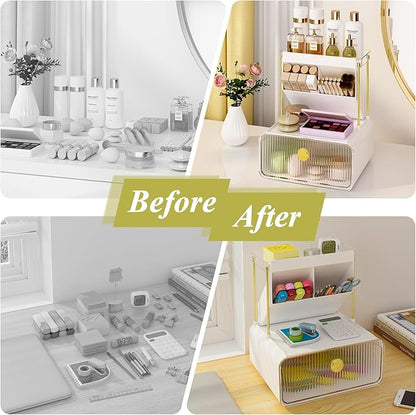 FOLLOWIN Bathroom Counter Organizer with Drawer, Dresser Top Organizer with Make Up Brush Holder, Makeup Shelf, Vanity Organizers, Cosmetic Perfume Organizer, Clear