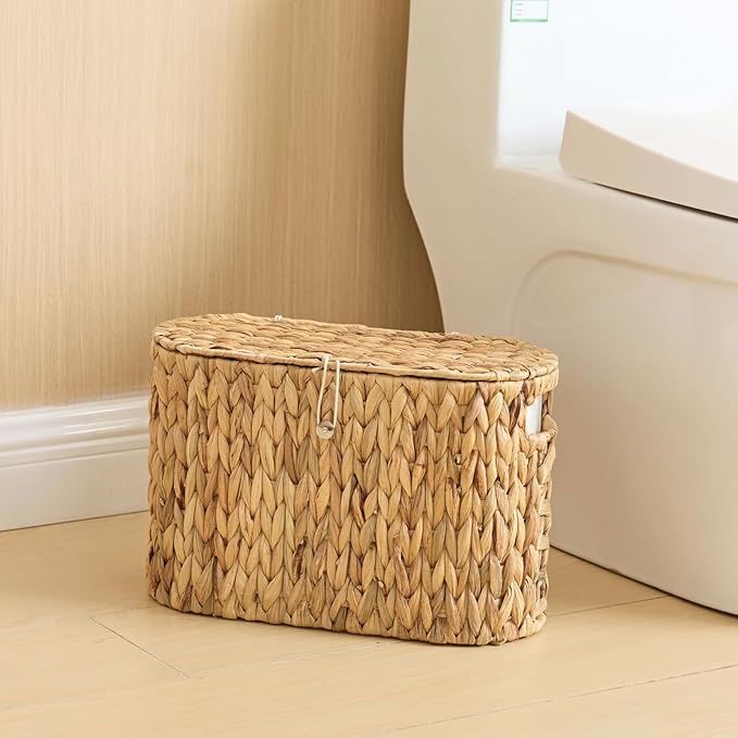 YANGQIHOME Toilet Paper Storage, Water Hyacinth Toilet Paper Storage with Lid, Papers Container for up to 6 Mega Rolls, Bathroom Basket Organizer