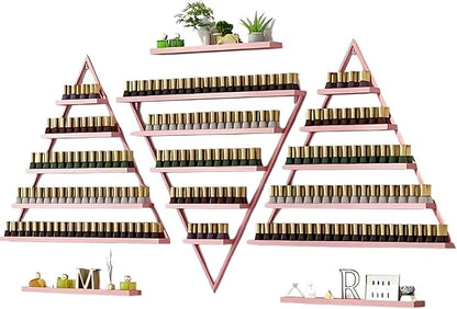 Elegant Gold Wall Mounted Nail Polish Rack - Set of 6 Triangular Cosmetic Display Shelves for Essential Oil Bottles, Organize Your Lipsticks and Perfumes in Style at Home or Salon (Pink)