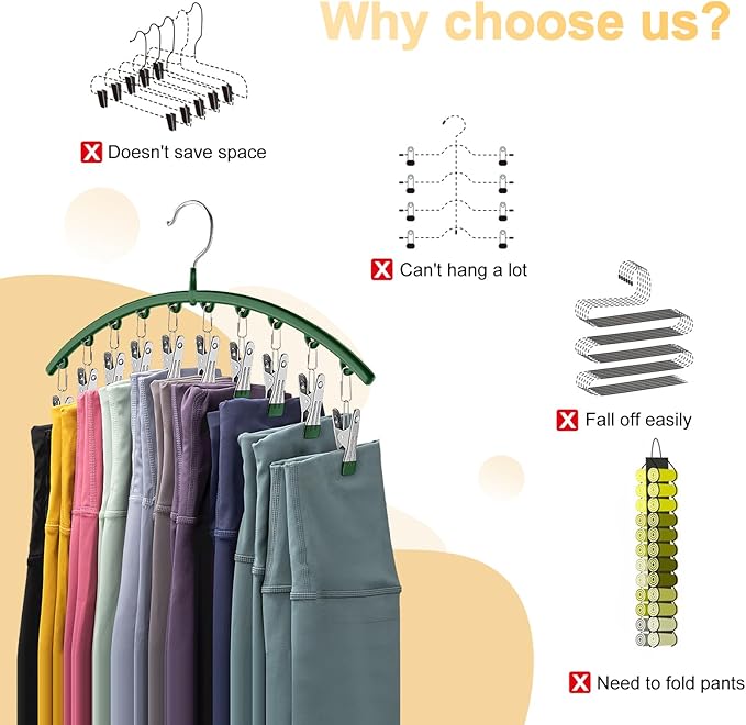 Legging Organizer for Closet, Metal Yoga Pants Hangers 4 Pack w/10 Clips Holds 40 Leggings, Space Saving Hanging Closet Organizer w/Rubber Coated Closet Organizers and Storage, Green