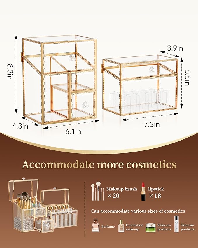 CoralHouse Makeup Brush Organizer – Vanity Organizer with 18-Slot Lipstick Organizer & Makeup Brush Holder with Lid – Skincare, Perfume & Cosmetic Storage for Bathroom or Dresser
