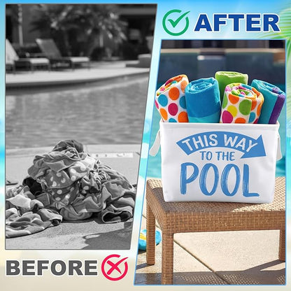 Yungyan This Way to The Pool Towel Storage Basket Bin and Organizer Large Pool Towel Storage Basket Waterproof Canvas Cube with Handle Beach Gift for Outdoor Summer Seaside Home Clothes Book Toy