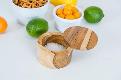 Lipper International Teak Wood Salt or Spice Box with Swivel Cover, 3.6" Diameter x 2.375" Tall