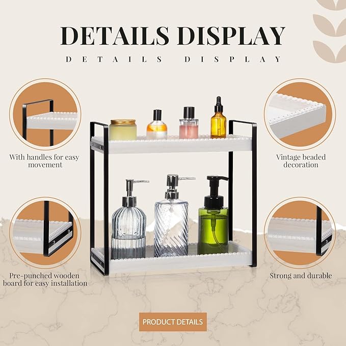 DoubleFill Bathroom Countertop Organizer, 2 Tier Wood Bead Vanity Organizer Tray for Bathroom Cosmetic Skincare Perfume Kitchen Coffee Station Organization(White,Retro)