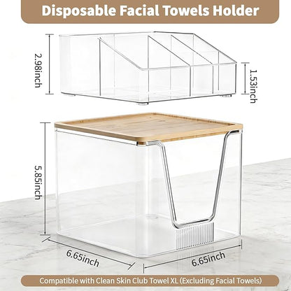 2 in 1 Disposable Facial Towel Holder and Cosmetic Organizer, Clear Storage with Bamboo Lid Compatible with Clean Skin Club Towel XL, Stackable Vanity Organizer for Bathroom Vanity Counter (1 Pack)