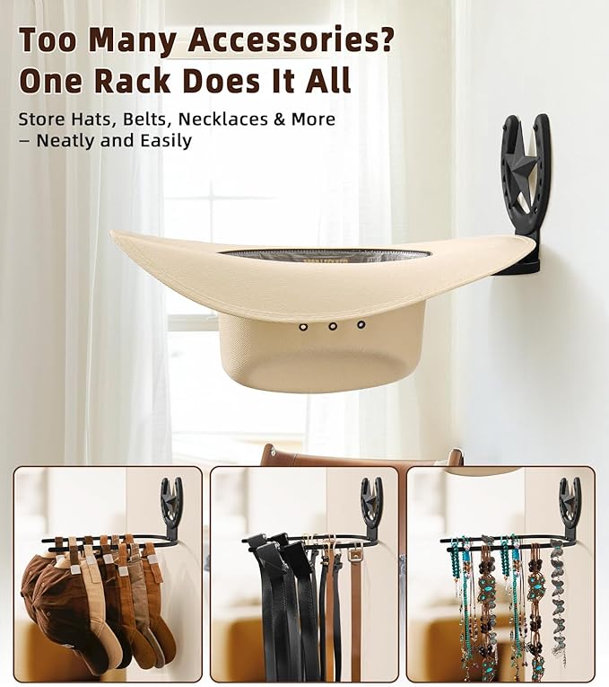 Cowboy Hat Holder Wall Mount for Wide Brim Hats Rustic Horseshoe Hooks with Texas Star Metal Hat Hanger Organizer for Closet Horse Trailer Entryway Bedroom Barn Farmhouse Western Decor, 4 Pack, Black