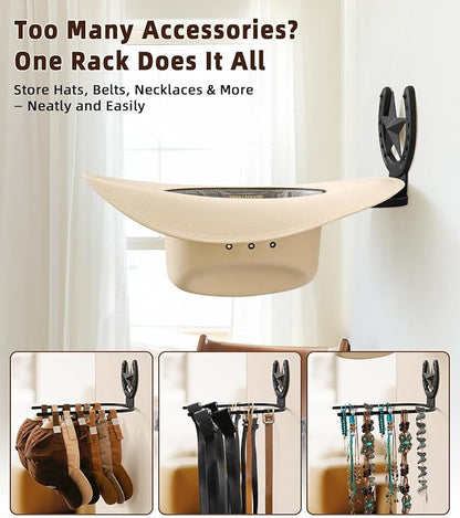Cowboy Hat Holder Wall Mount for Wide Brim Hats Rustic Horseshoe Hooks with Texas Star Metal Hat Hanger Organizer for Closet Horse Trailer Entryway Bedroom Barn Farmhouse Western Decor, 4 Pack, Black