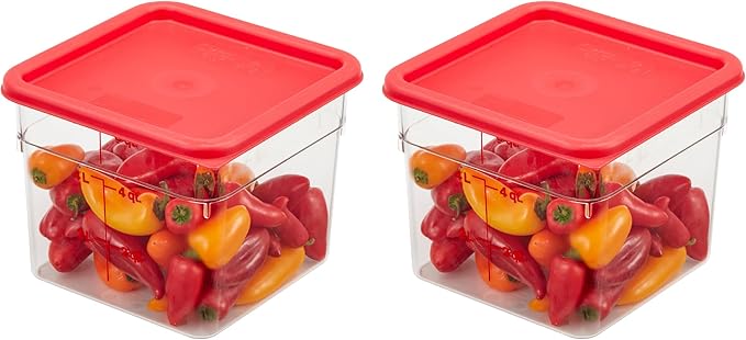 Cambro Food Storage Container with Lid - 6 QT (Quart) Square, Classic Series with Red Lid, Commercial Grade for Food Prep, Clear, 2 Pack