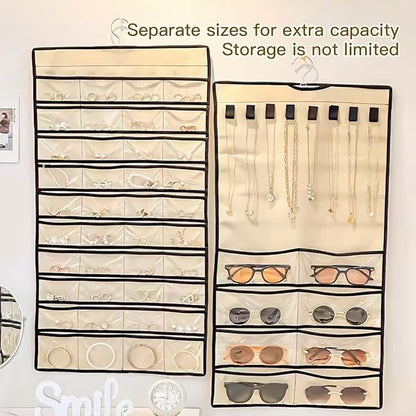 Double Sided Hanging Jewelry Organizer, 48 Pockets Clear Window Large Jewelry Hanging Organizer with Necklace Hanger, Wall/Door/Closet Stud Earring Bracelet Ring Storage