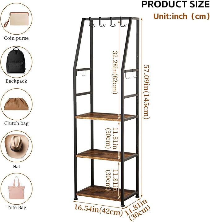 3-Tier Purse Stand Handbag Organizer, Hall Tree for Entryway Steel Frame, with 8 Removable Hooks，Clothes Rack Stand Organizer(Rustic Brown)