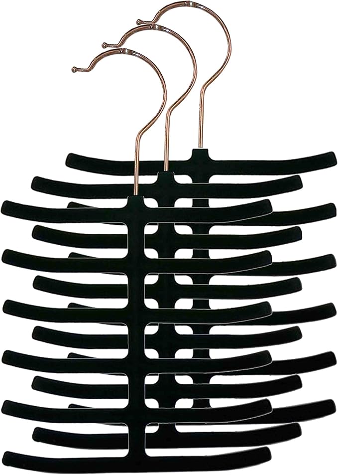 3-Pack Non-Slip Velvet Tie Hanger Organizer Rack by Home Basics | 360° Rotatable Hook | Holds 12 Ties Each | Versatile for Belts and Scarves | Slim Design