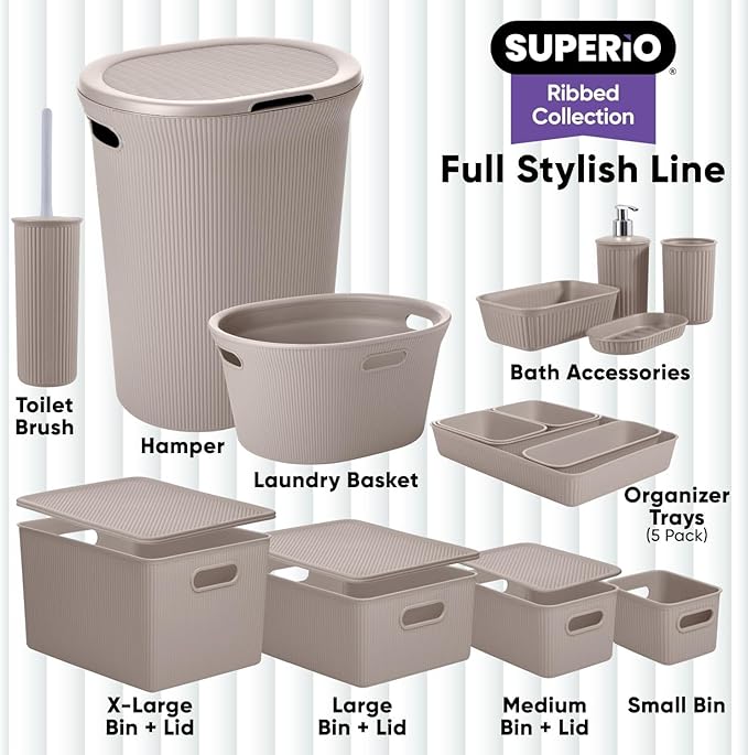 Decorative Plastic Basket Open Home Storage Bins Organizer Baskets, Medium Taupe (2 Pack) Container Boxes for Organizing Closet Storage Bins for Shelves Drawer Shelf - Ribbed Collection 5 Liter
