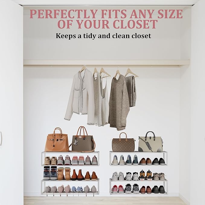 3 Pack Expandable Wall Mounted Shoe Rack, 17"-30"Adjustable Hanging Shoe Rack Holds 18 Pairs, Heavy Duty Metal Shoe Racks Holder with 6 Storage Hooks, Space Saving for Entryway Closet Doorway（White)