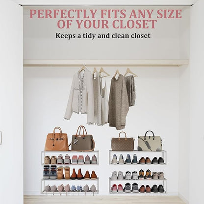 3 Pack Expandable Wall Mounted Shoe Rack, 17"-30"Adjustable Hanging Shoe Rack Holds 18 Pairs, Heavy Duty Metal Shoe Racks Holder with 6 Storage Hooks, Space Saving for Entryway Closet Doorway（White)