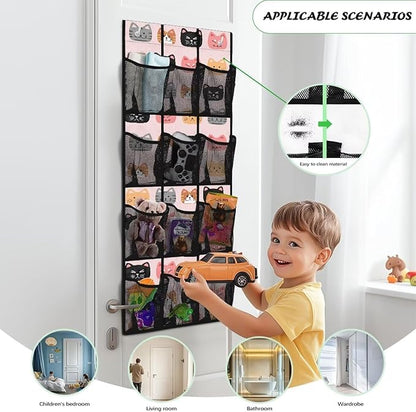 12-Section Over The Door Storage Bag, Oxford Material, Waterproof Scratch-Resistant and for Organizing Bathroom Kitchen Bedroom Essentials, Cartoon Cats