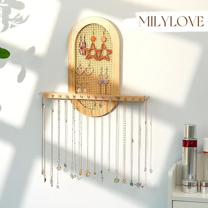 Wall Necklace Holder Hanging Jewelry Organizer whit 18 Hooks Wooden Necklace Organizer, Space-saving Boho Jewelry Display for Necklaces & Earrings Storage