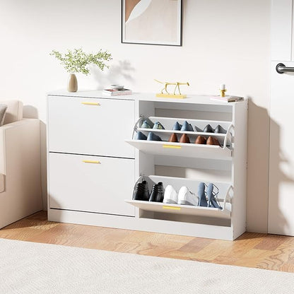 JOZZBY Shoe Cabinet for Entryway, Narrow White Shoe Storage Cabinet with 2 Flip Drawers, Wooden Hidden Shoe Rack Organizer with 2 Tier Freestanding for Hallway, Living Room, Set of 2