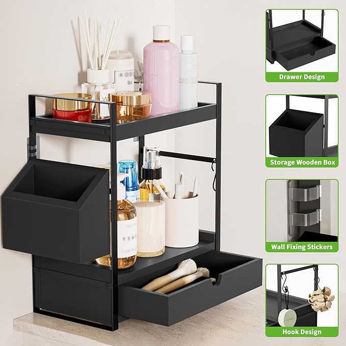 Kottwca 2-Tier Bathroom Counter Organizer with Drawer, Basket & Hooks, Wooden Vanity Shelf for Skincare, Perfume & Makeup Storage(Black)