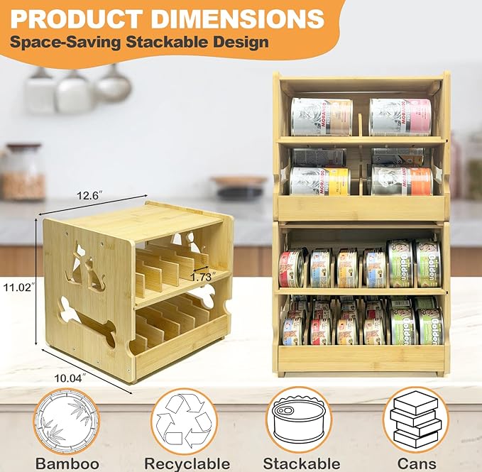 Cat Food Organizer, Bamboo Can Organizer for Pantry,2 Tier Stackable Pet Food Can Organizer for Kitchen Pantry, Can Rack Organizer for Human and Pet Food Cans, FIFO Design