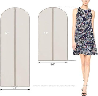 Zilink 65'' Dress Bags for Gowns Long Clear Garment Bags for Hanging Clothes Foldable Dress Covers Garment Bag for Closet Storage and Travel - Beige, 3 Pack