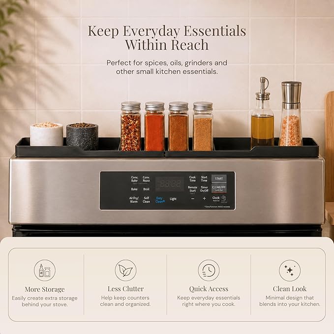 TEO Magnetic Stove Top Shelf - 30 Inch Silicone Over the Stove Spice Rack for Kitchen Gadgets Storage Organization, Heat-Resistant, No Installation, Dishwasher Safe, Over Oven Shelf Black