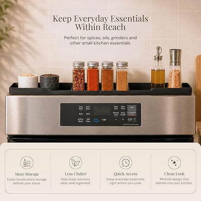 TEO Magnetic Stove Top Shelf - 30 Inch Silicone Over the Stove Spice Rack for Kitchen Gadgets Storage Organization, Heat-Resistant, No Installation, Dishwasher Safe, Over Oven Shelf Black
