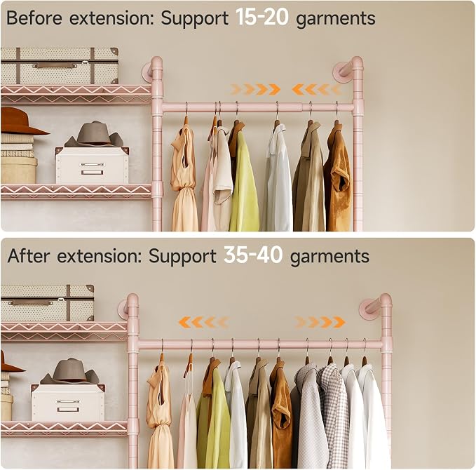 ONBRILL H4 Wall Mounted Closet System, Expandable Industrial Pipe Clothes Rack Clothing Rack for Hanging Clothes, Heavy Duty Closet Organizers and Storage in Wardrobe Closet