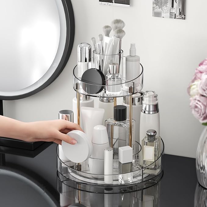 2 tier Makeup Organizer Countertop,360 Rotating Makeup Organizer for Skincare, Lipstick and Perfumes,Multi-function Cosmetic Display Cases for Vanity,Bathroom,Transparent