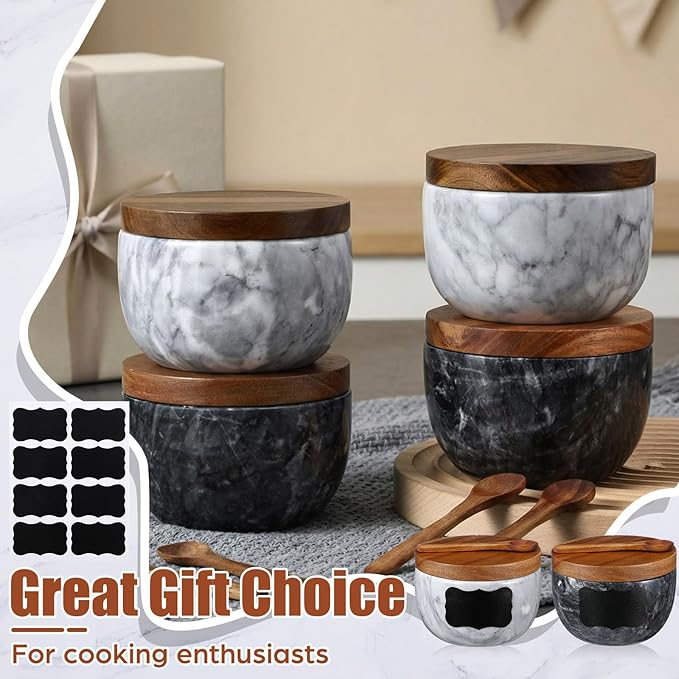 Marble Salt Cellar Set of 4 with Lid and Spoon, Natural Marble Spice Container Bowls with Acacia Wood Lids for Pepper Sugar Seasoning Storage, Kitchen Counter Pinch Bowl Set