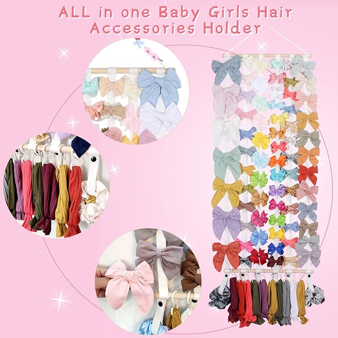 OAOLEER Hair Bow Holder Organizer for Girls，Hair Clips Headband Organizer Storage Wall Hanging Home Decor for Girls Room (1Pcs White 35Inch)