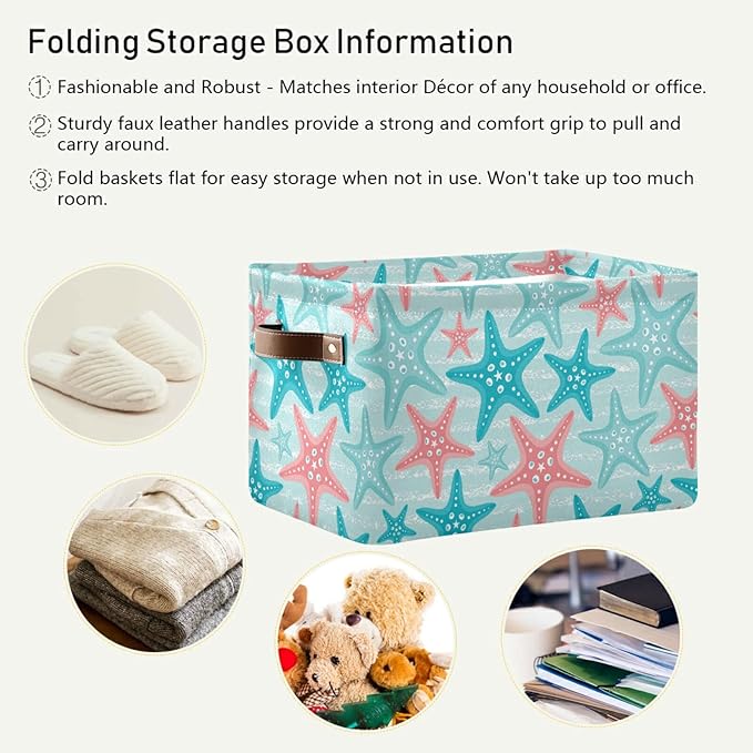 Bolaz Large Storage Basket Nautical Ocean Starfish Foldable Storage Box Organizer Bins with Handles for Bedroom Home Office