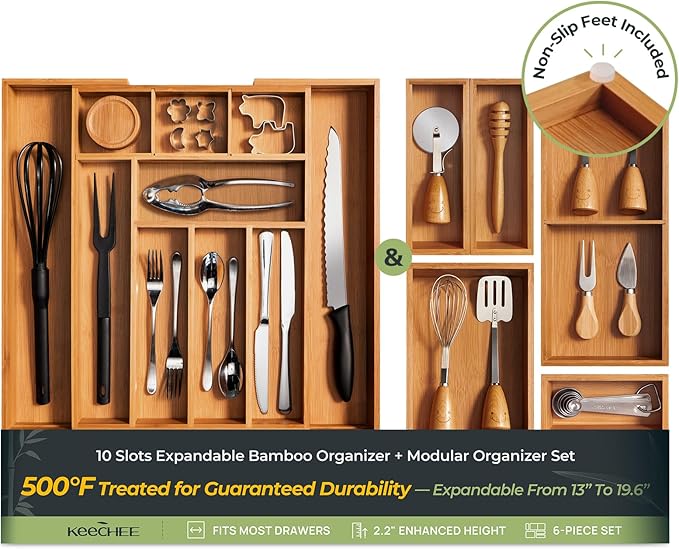 keechee 6-Piece Bamboo Drawer Organizer Set, 2.2" Deep Multi-Use Organizers for Utensils, Silverware, Cutlery, Desk, Bathroom, Junk Drawer & Makeup, Non-Slip Feet Included.