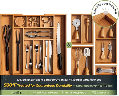 keechee 6-Piece Bamboo Drawer Organizer Set, 2.2" Deep Multi-Use Organizers for Utensils, Silverware, Cutlery, Desk, Bathroom, Junk Drawer & Makeup, Non-Slip Feet Included.